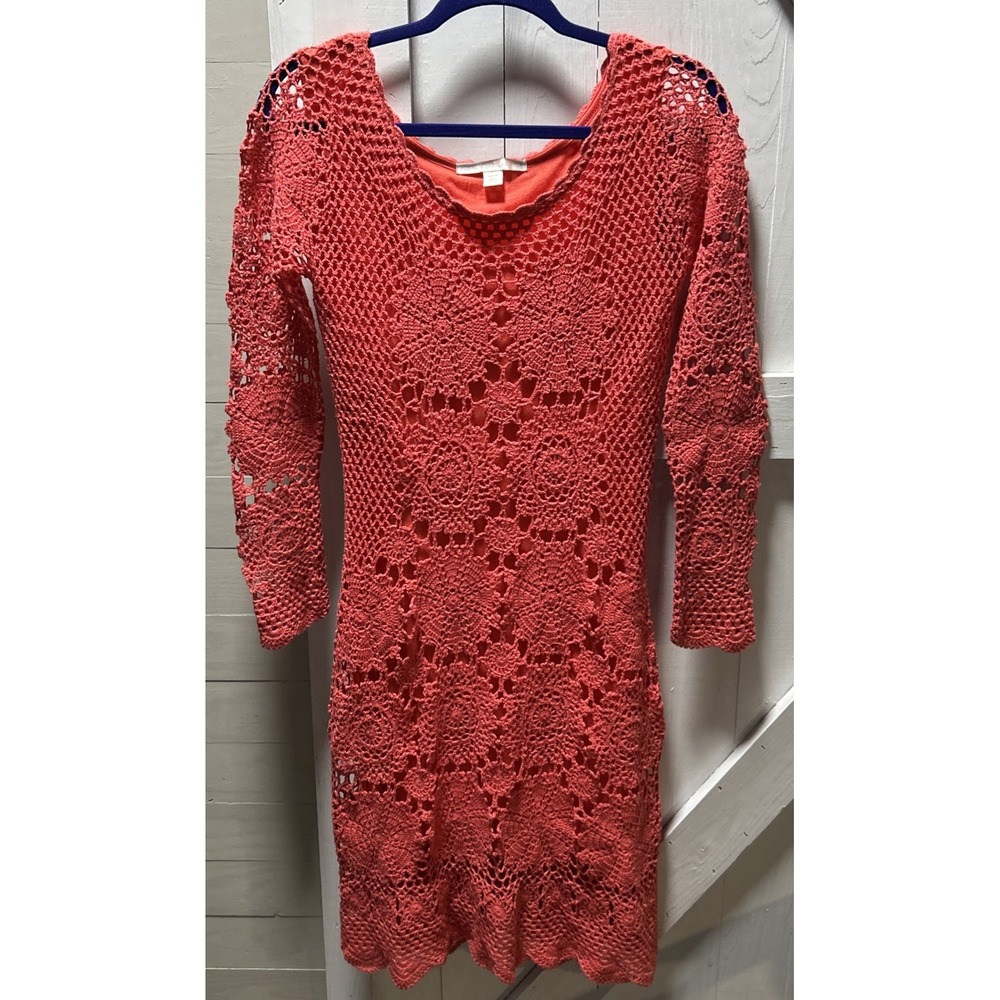 Boston Proper Long Sleeve Lined Crochet Dress Coral 100% Cotton Women's Medium